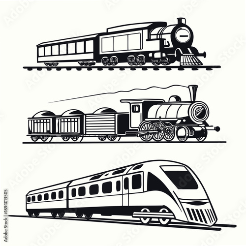 Vintage steam engine modern bullet train silhouettes wagon