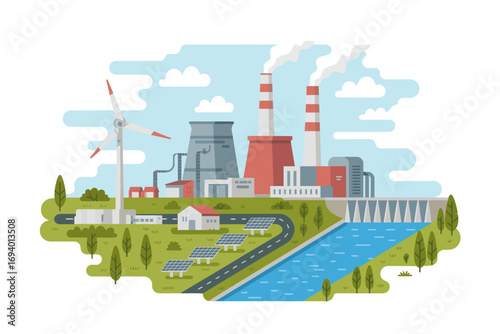 Sustainable Energy Production Landscape Vector Illustration featuring Wind Turbine Solar Panels and Conventional Power Plant for Eco Friendly Solutions