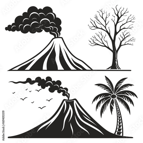 Volcano eruption smoke and tropical palm tree lava