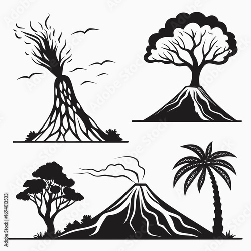 Volcano eruption trees and palm silhouette scenes lava smoke