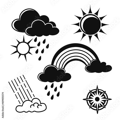 Weather icons sun rain clouds rainbow compass vector