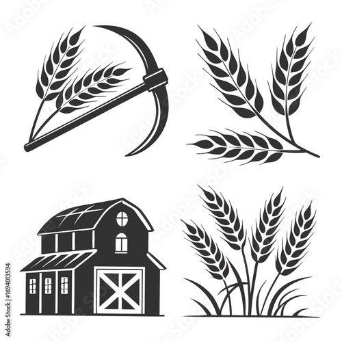 Wheat stalks barn and scythe silhouettes agriculture