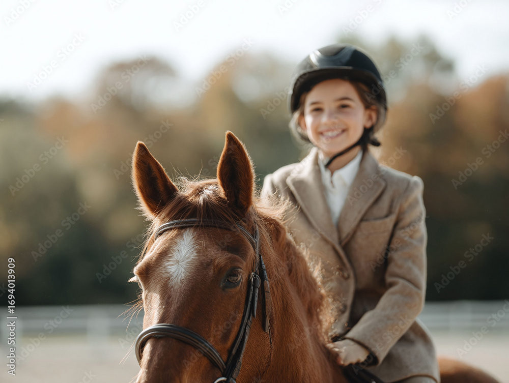 Obraz premium Joyful girl horseback riding. A smiling young rider in equestrian attire and helmet on a chestnut horse. Represents childhood, sport, freedom, and connection.