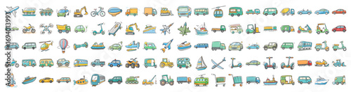Hand drawn transportation and vehicle icons collection - Colorful set of hand drawn transport illustrations featuring cars, buses, airplanes, boats, and bicycles, perfect for travel, logistics