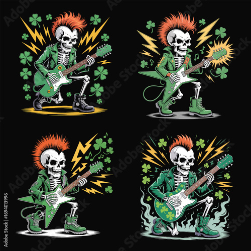 Skeleton punk rocker playing guitar with shamrocks