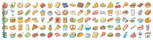 Hand drawn food and dessert icons collection - Colorful set of hand drawn food illustrations including fruits, fast food, desserts, and snacks, ideal for menus, posters, and design projects.