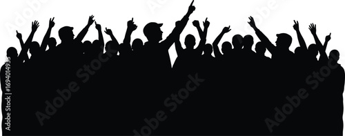 Silhouette of large crowd of people raising hands, cheering together in celebration, protest, rally, event or concert vector art.