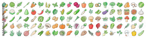 Hand drawn vegetables collection with colorful variety -  Set of hand drawn vegetable illustrations featuring fresh produce like carrots, peppers, cucumbers, onions, and leafy greens for food design 
