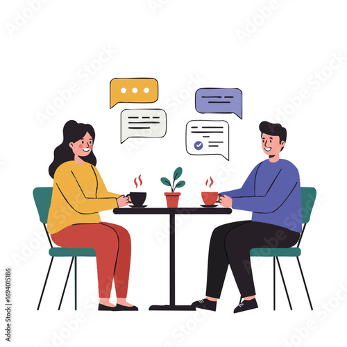 Two friends happily chatting over coffee at a cozy cafe table, depicted in a charming flat 2D vector illustration with a simplified style on a clean white background.
