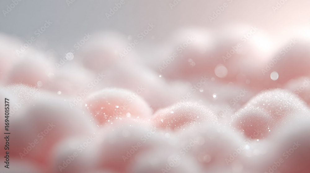 Fototapeta premium Dreamy and soft abstract background featuring pastel pink and white fluffy textures with sparkling light particles. Perfect for beauty, spa or romantic themes.
