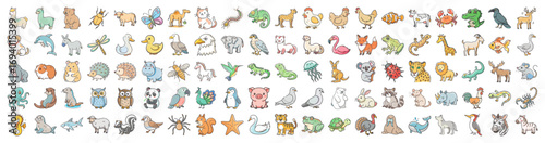 Hand drawn animals collection with diverse species - Colorful set of hand drawn animal illustrations including mammals, birds, reptiles, and sea creatures, perfect for education, design