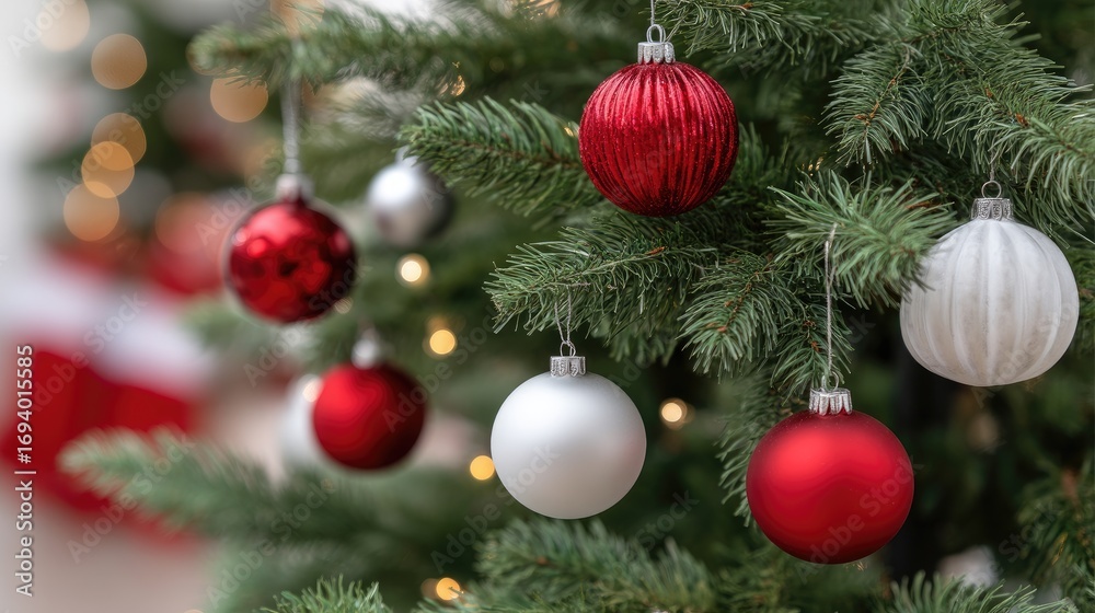 Obraz premium Decorated Christmas tree adorned with red and white ornaments glowing with festive lights during a holiday celebration