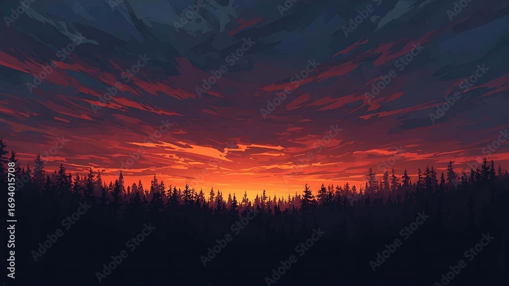 Fototapeta premium A dramatic and vibrant sunset sky with a fiery orange and red gradient over a dark silhouette of a forest treeline, creating an atmospheric and beautiful nature background