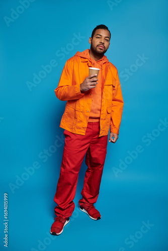 Photos Vibrant young man in urban fashion poses confidently in stylish orange attire