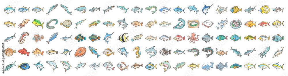 Fototapeta premium Colorful hand drawn fish icons collection - Set of hand drawn fish illustrations showing various marine species in bright colors, ideal for ocean themes, design, and education.