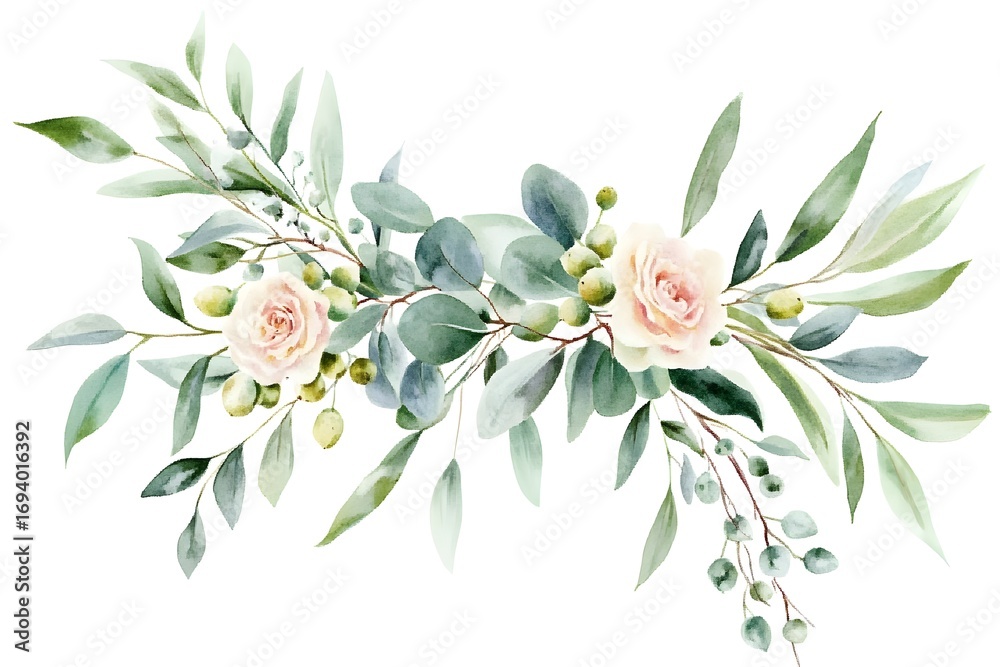 Fototapeta premium Watercolor floral frame / border - flowers and green leaves, for wedding stationary, 