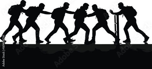 Silhouette of migrants pushing through a barrier in teamwork, symbolizing struggle, resistance, unity, illegal immigration, social issues, and survival.