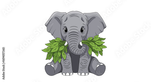 Adorable baby elephant sitting and holding green leaves with its trunk a cute jungle mammal illustration