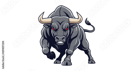 Aggressive powerful charging bull with fierce eyes and strong muscular body on white background dynamic animal illustration