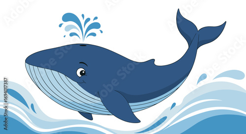 Majestic blue whale splashing water in the deep ocean blue waves underneath with joyful expression and water spout