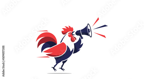 Energetic rooster with megaphone announcing important news with bold colors and dynamic movement