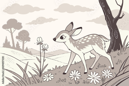 A gentle fawn stands amidst a cluster of delicate flowers isolated on white background