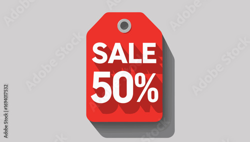 Red sale tag displaying 50% discount on grey background  