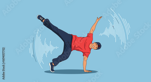  Energetic young person performing dynamic breakdancing moves with rhythmic sound waves emanating