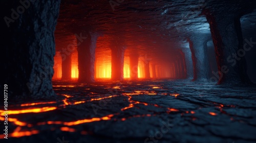 Hyper-Realistic Underground Sci-Fi Landscape with Lava Flow and Dramatic Lighting Effects