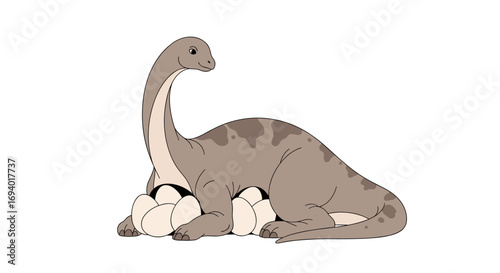 Gentle brontosaurus protects its nest full of many eggs while sitting carefully on top of them in a calm natural environment waiting for hatching