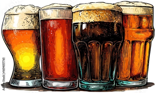 Four full glasses of colorful beers sit on a rustic surface with foamy heads, creating an inviting composition