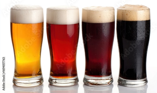 Four glasses of different beer styles (pale, red, dark) with thick, white foamy heads, arranged side-by-side on white