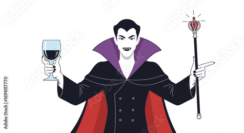 Mysterious vampire holding a chalice and pointing with a scepter royal symbol of power