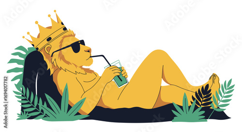 Majestic lion king relaxing in tropical paradise enjoying a refreshing beverage