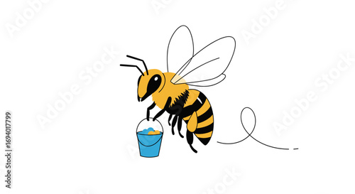 An adorable cartoon bee diligently collecting nectar in a tiny blue bucket leaving a playful loop trail behind it