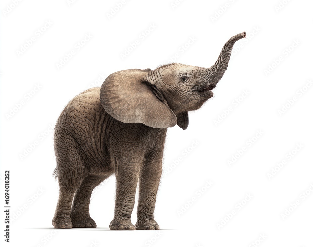 Obraz premium Young elephant with raised trunk on white background, looking up with open mouth, showcasing innocence and curiosity