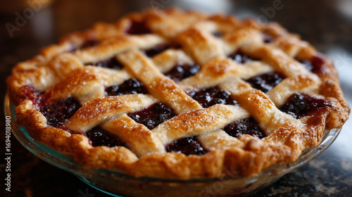 あたたかみのある光の中で美味しそうなベリーパイのクローズアップ、サクサクの網目模様のパイ生地と艶やかなフィリングが魅力的な写真