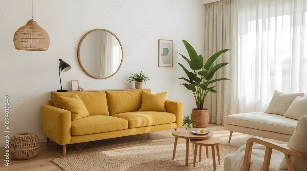Fototapeta premium Bright and Sunny Living Room with Yellow Sofa and Tropical Plants