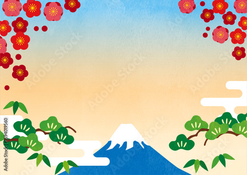 朝焼けの富士山と松と梅