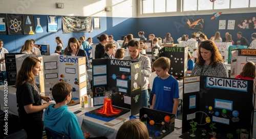 Crowded school gymnasium hosts a lively science fair with student-led project displays and adult attendees