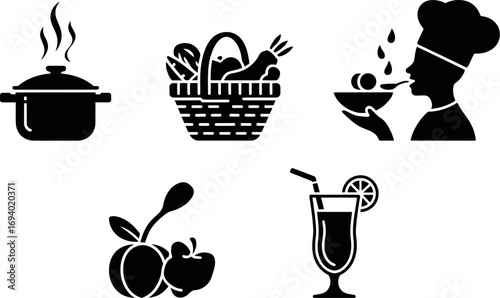 Collection of simple icons representing cooking, fresh food, and beverages.