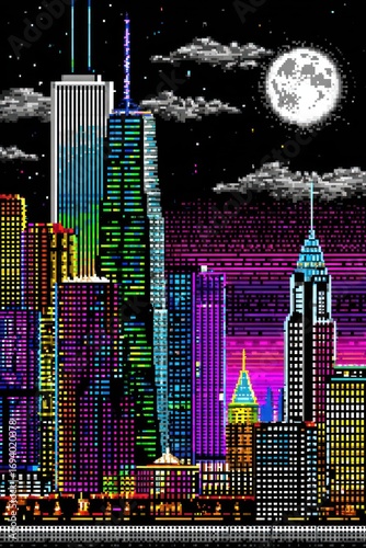 8-bit pixel art cityscape. Tall buildings reach toward a moonlit sky with purples, blues, greens, yellows, and pinks