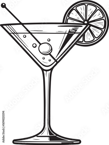 Cosmo or Cosmopolitan Cocktail Vector Illustration, Sketch Drawing Line Linear Symbol Icon Engraving Coloring Book, Hand-drawn Doodle Black and White Isolated