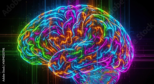 An abstract glowing human brain outlined with colorful neon circuits and digital lines on a dark background representing intricate neural networks