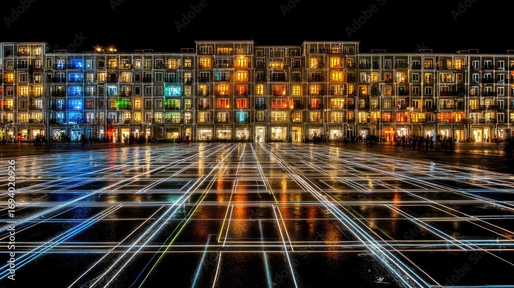 Obraz premium Long exposure showing colorful lights from a building reflecting on wet ground at night, creating a vibrant, urban scene