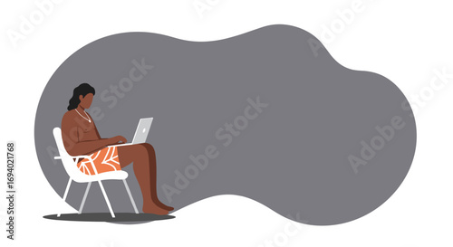 Man working on a laptop while relaxing in a chair, ideal for concepts of remote work, digital nomad lifestyle, or vacation productivity.