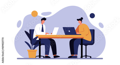 Two professionals collaborate on laptops at a modern office desk. Illustrating teamwork, productivity, and a contemporary business environment for corporate and technological themes.