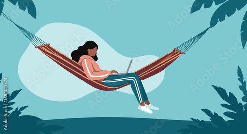 Young woman working remotely on laptop while relaxing in a comfortable hammock amidst lush tropical foliage. Blends productivity with leisure and travel.