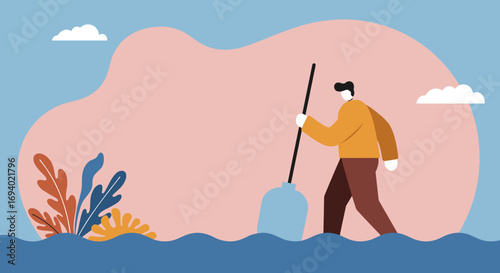 A stylized person walks through calm waters with a paddle, illustrating progress, exploration, or navigating challenges. Perfect for business, travel, and lifestyle concepts.