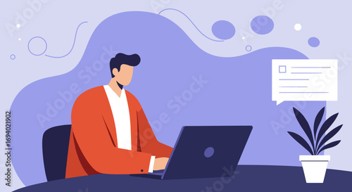 Professional man works on laptop at desk, engaging in digital communication or online tasks. Ideal for business, remote work, or technology concepts.